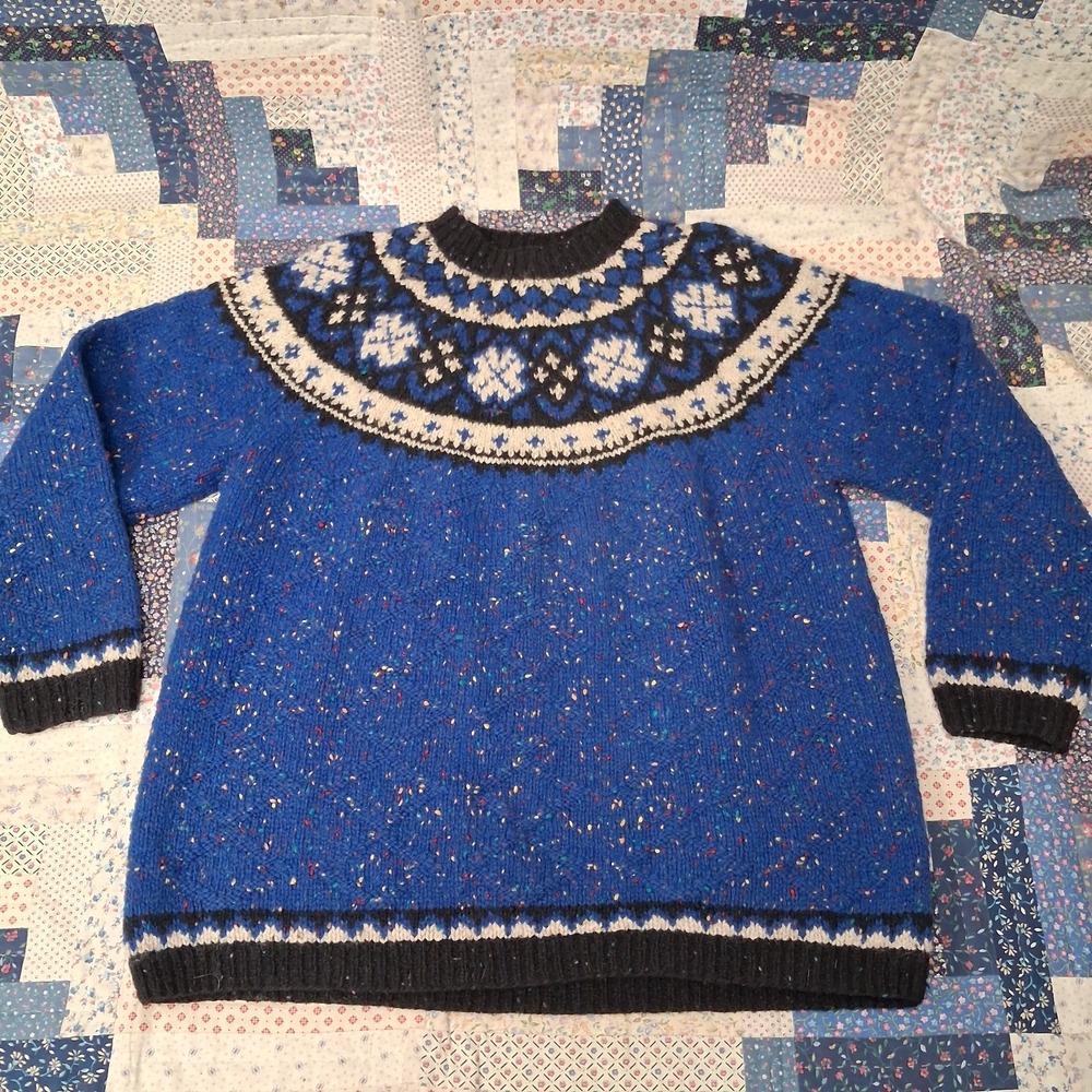 Vintage The Limited Hand Knit Wool Nordic Sweater Large Blue Fair Isle Snowflake